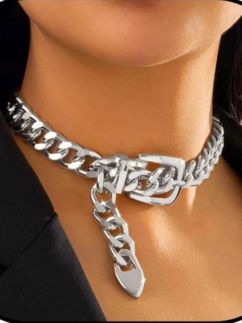 Silver Chunky Chain Belt-Style Choker Necklace